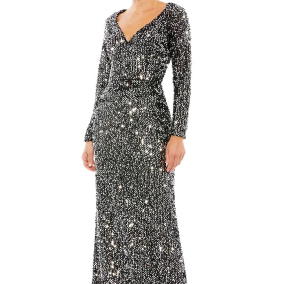 MAC DUGGAL 26445 LONG SLEEVE SEQUIN BLACK SILVER GOWN sz 10 - Picture 1 of 5